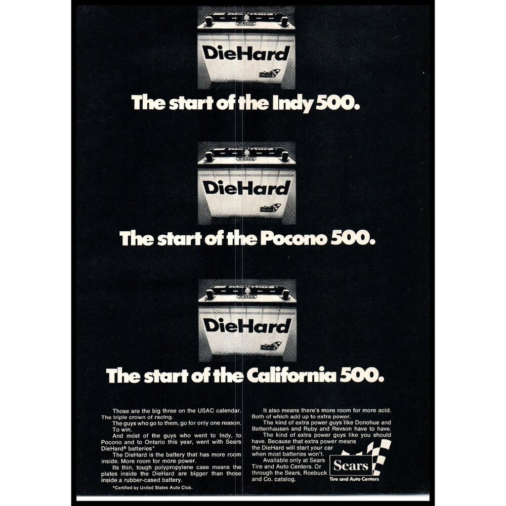 1972 Sears DieHard Car Battery Vintage Print Ad Pocono Indy 500 Wall Art